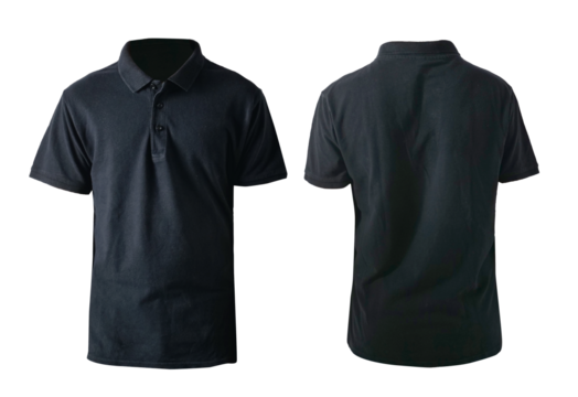 Blank collared shirt mock up template, front and rear view,  plain black t-shirt isolated on white. Polo tee design mockup presentation for print