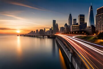 Fototapeta na wymiar Exposure city traffic at dusk generated by AI