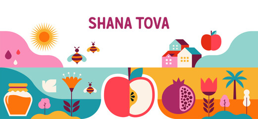 Rosh Hashanah background, banner, flat geometric style. Shana Tova, Happy Jewish New Year, concept design
