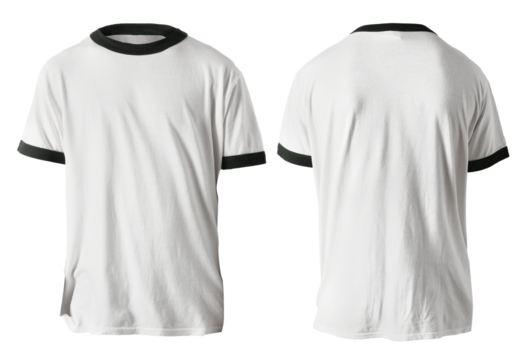 Blank shirt mock up template, front and back view,  plain ringer white t-shirt isolated on black. Tee design mockup presentation for print