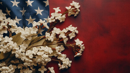 Patriotic American 4th of July Themed Floral Flat Lay on Pastel Color Background - USA Red, White, and Blue with Copy Space - Holiday Theme for Memorial Day, Flag Day, Veterans Day - Generative AI