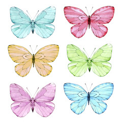 A set of light butterflies. Watercolor illustration, poster.