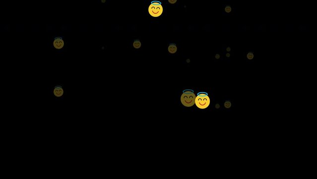 Flying angel emojis alpha channel. Smiley face floating upwards. Emoticon animation loop, 4k video. Funny social or digital media icon footage, isolated background.