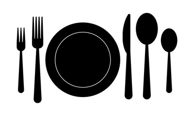 Table setting isolated on white background. Serving in the style of a simple flat with a plate, forks, spoons, knife. Dining etiquette.