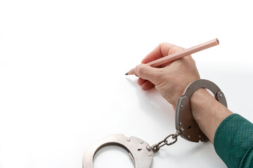 A hand in handcuffs draws with a pencil on an isolated white background with copy space, the...