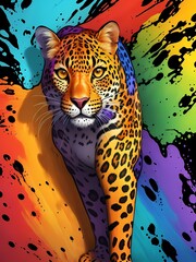 Colorful orange purple blue green face leopard body portrait head on multicolored background in aquarelle style, creative abstract background with colourful watercolor painting.