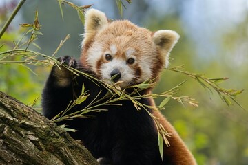 red panda eating bamboo