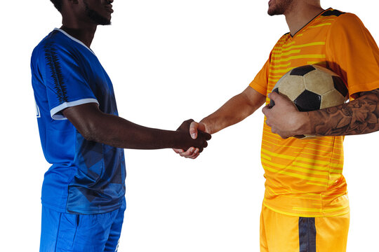 Isolated scene of soccer players handshake before the football match