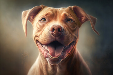 Portrait of a cute smiling dog. Mixed breeds short hair brown dog with small eyes, realistic, smile funny animal concept image. Curiously looking at viewer. Made with Generative AI