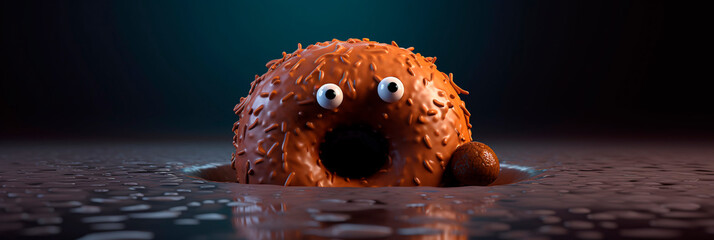 Banner with cute unusual chocolate donut with pop-eyed. Generative AI. Funny doughnut is covered in chocolate. National Donut Day or Fat Thursday. Header panorama for website, advert, children's menu. - obrazy, fototapety, plakaty