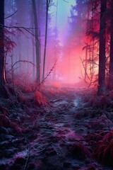 Sunset in the woods. AI generated art illustration.