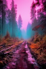 Sunset in the woods. AI generated art illustration.