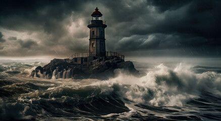 Naklejka na ściany i meble Stormy high waves over the lighthouse on a cloudy day. Generative AI