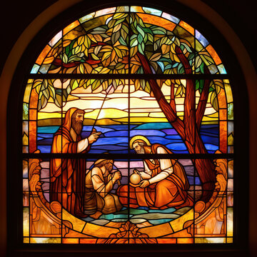 Biblical story window. church stained glass, catholic. Vibrant colors. AI generated image.