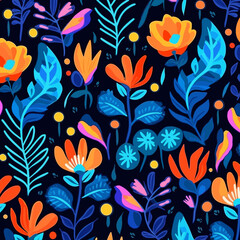 floral pattern with blue flowers, in the style of bright colors,  colorful animation stills, bold brushwork, pop inspo, goosepunk, colorful cartoon, playful yet dark repeating