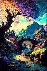 Landscape with trees. AI generated art illustration.