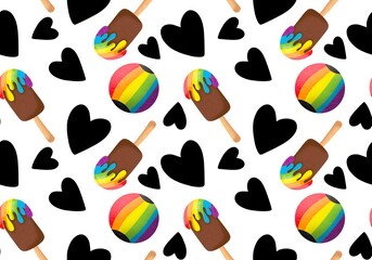 Cartoon summer rainbow seamless ice cream and hearts and ball pattern for wrapping paper and fabrics