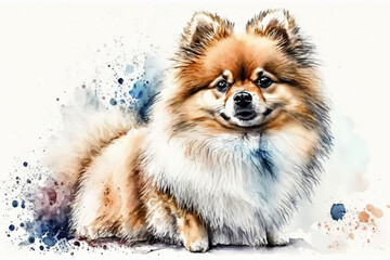 Pomeranian Spitz. Illustration of a handsome puppy on watercolor background. Cute Spitz. Small Toy Breeds.Generative AI.