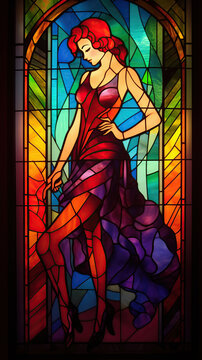 stained glass window of a beautiful woman. Pin-up. Vibrant colors. AI generated image.