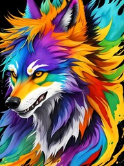Colorful orange purple blue green yellow face wolf profile head on multicolored background in aquarelle style, creative abstract background with colourful ink watercolor painting. Generative AI