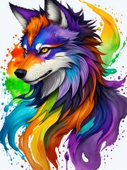 Colorful orange yellow purple green blue face wolf profile portrait head on white background in aquarelle style, creative abstract background with colourful watercolor painting. Generative AI