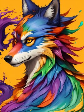 Colorful orange yellow purple green blue face wolf profile head on multicolored background in aquarelle style, creative abstract background with colourful ink watercolor painting. Generative AI