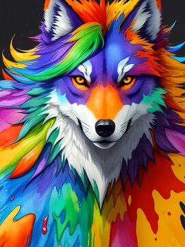 Colorful orange purple blue green yellow face wolf portrait head on multicolored background in aquarelle style, creative abstract background with rainbow ink watercolor painting. Generative AI
