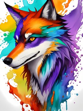 Colorful orange yellow purple green blue face wolf profile portrait head on white background in aquarelle style, creative abstract background with colourful watercolor painting. Generative AI