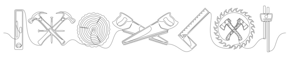 Set of continuous one line carpentry elements. Vintage carpentry elements isolated on a white background. Vector illustration