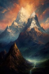 Sunrise over the mountains. AI generated art illustration.