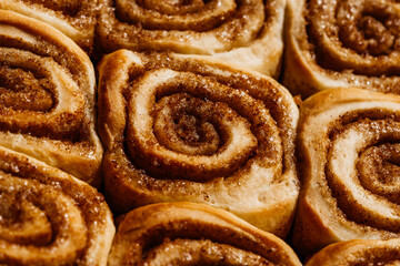 Tasty cinnamon sour dough rolls with sugar. Close up of sweet homemade pastry. 