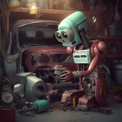 A small cartoon robot repairs a car