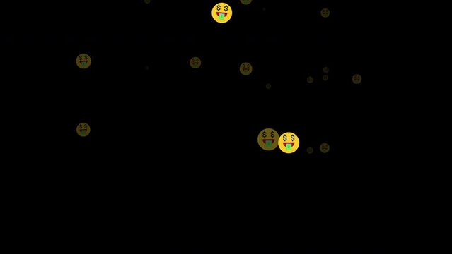 Rich emojis alpha channel video. Dollars in the eyes face floating upwards. Emoticons flying, 4k looped video. Funny social or digital media icon footage, isolated background.