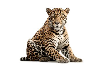 Portrait of leopard or Panthera pardus, isolated on white background. Leopard resting and looking into the camera. Generative AI