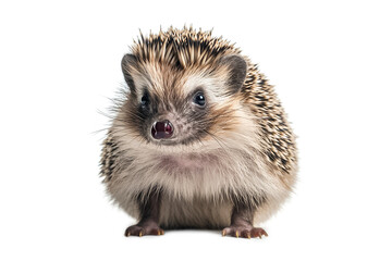 Cute funny hedgehog isolated on white background. The hedgehog is sitting and looking at the camera Generative AI