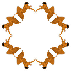 Round ethnic frame with ancient Greek women. Vase painting style. Isolated vector illustration.