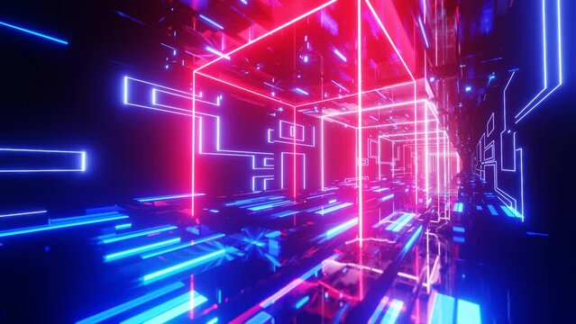 Hi-tech neon sci-fi tunel with hologram. Trendy neon glow lines form pattern and construction in mirror tunnel. Fly through technology cyberspace. 3d looped seamless 4k bright youth background.