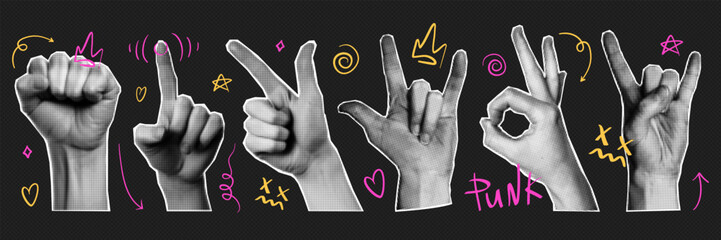 Trendy punk halftone collage hands set. Funky doodle elements. Arrow, heart, crown. Retro halftone template for banner, poster, card. Contemporary vector illustration. - obrazy, fototapety, plakaty