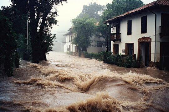 mud with water flows in a large stream along the street from the flood, after a downpour or a mudflow. The concept of natural disaster insurance and life and property insurance.Generative AI