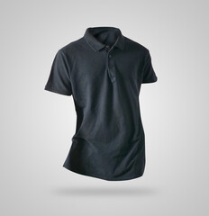 Blank collared shirt mock up template, front view,  plain black t-shirt on grey background. Polo tee design mockup presentation
