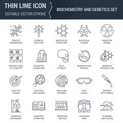 Biochemistry and Genetics Icons Set. Intelligent Symbol Collection with Thin Line Images. Stroke Pictogram Graphics for Design. High-Quality Outline Vector Symbol Concept. Premium Monoline Aesthetic
