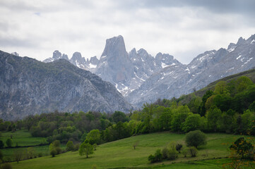 Obraz premium View on Naranjo de Bulnes or Picu Urriellu, limestone peak dating from Paleozoic Era, located in Macizo Central region of Picos de Europa, mountain range in Asturias, Spain
