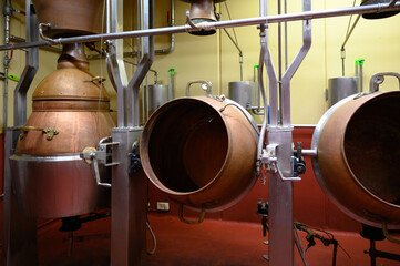 Gin distillation process in copper tanks in Spanish bodega