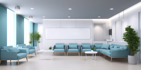 reception of modern medical office hospital interior mock up with blue sofas