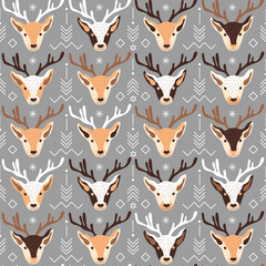 Seamless Christmas pattern design with deer. Vector illustration