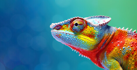 Colorful chameleon on a blue background, Generative AI - obrazy, fototapety, plakaty