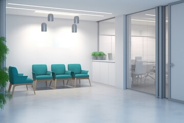 Naklejka na ściany i meble Interior of modern medical clinic office waiting room mock up , green sofas and reception desk.