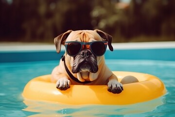 Dog in sunglasses is swimming in yellow rubber ring. Vacation with animals