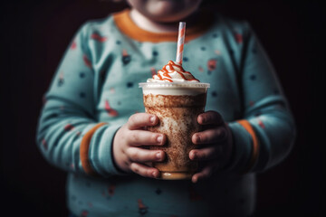 Obese child holding a frozen dessert drink, Generative AI