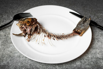 Fried fish skeleton, spine and bones on a white plate with a black knife and fork on a gray background.